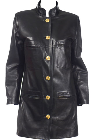 Vintage Chanel Black Leather Jacket With 4 Gold Leaf Clover Buttons