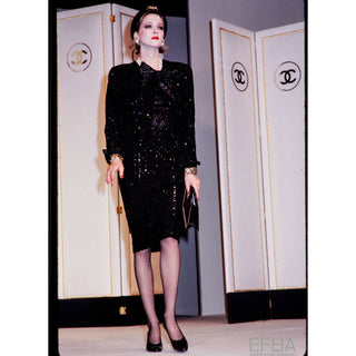 1983 Chanel by Karl Lagerfeld Black Sequin Skirt Suit with Matching Top