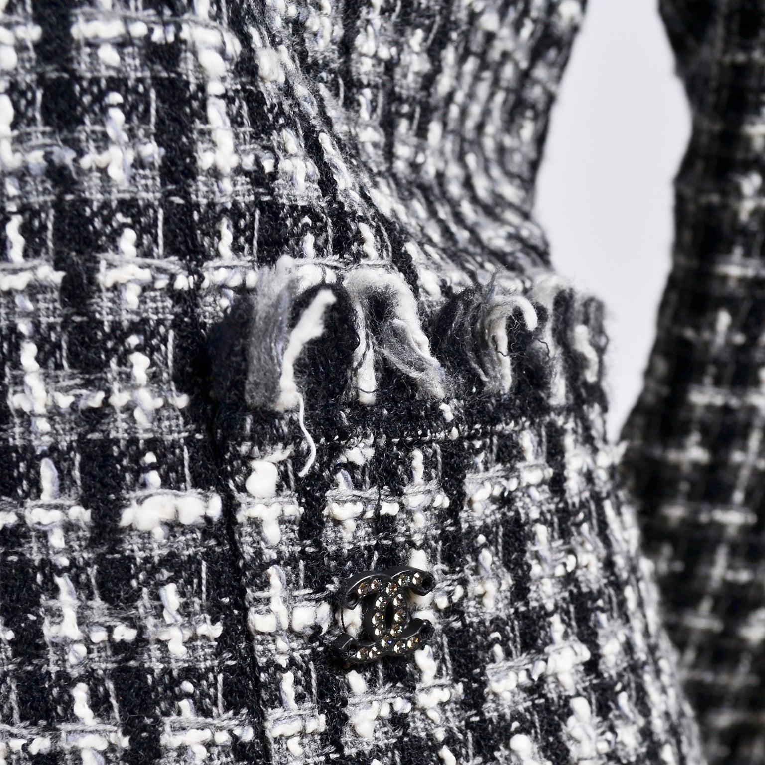 Chanel Spring 2004 Black and White Tweed Jacket with Frayed Edge Throughout  For Sale at 1stDibs