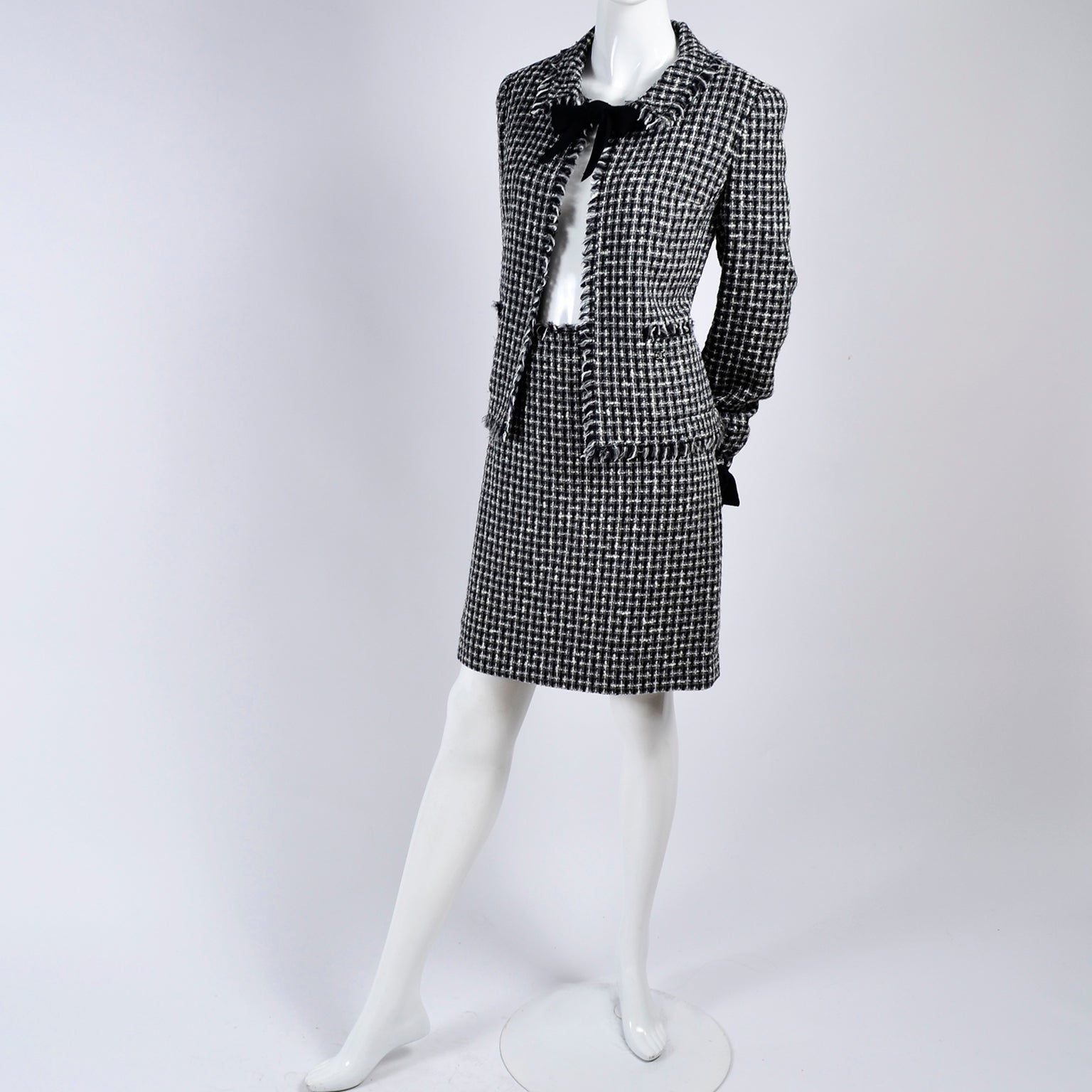 Chanel 2004 Black & White Lesage Tweed Skirt Suit w/ Bow