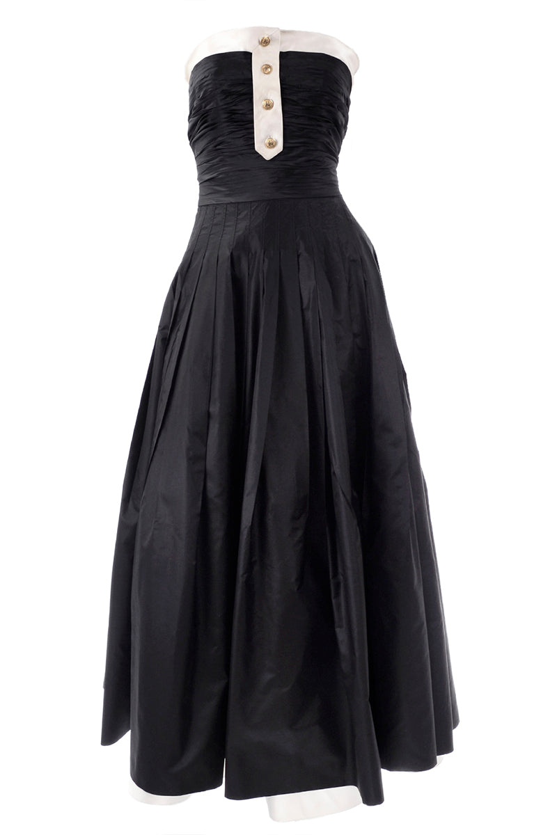 1990's Chanel Black Strapless Tuxedo Evening Gown w Ivory Silk Trim Modig 1990's Chanel Black Strapless Tuxedo Evening Gown w Ivory Silk Trim Modig