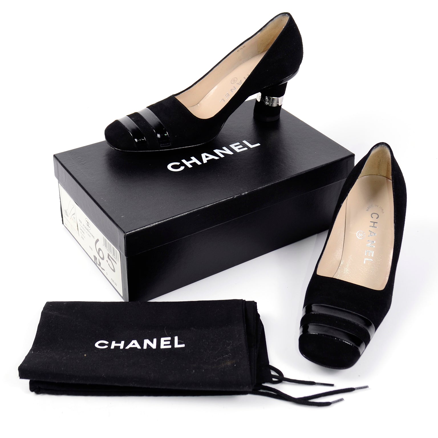 Chanel 2000 Black Suede Pumps W Round Block Heels & Silver Bands
