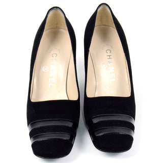 Chanel Black Suede Pumps With Cylindrical Block Heels & Silver Bands with box