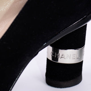 Size 6 and 1/2 Chanel Black Suede Pumps With Cylindrical Block Heels & Silver Bands