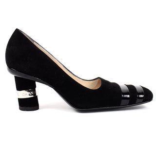 Chanel Black Suede Pumps With Cylindrical Block Heels & Silver Bands Worn once