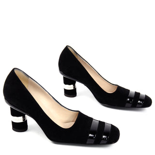 Chanel Black Suede Pumps With Cylindrical Block Heels & Silver Bands w shoe bags & Box