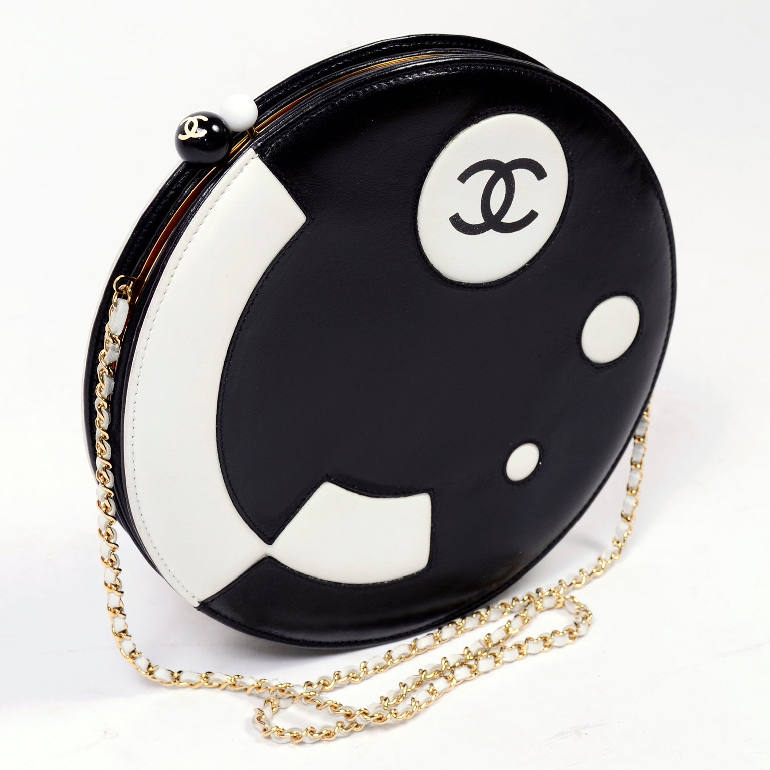Black & White Leather Chanel Disk Handbag Circular Clutch Shoulder