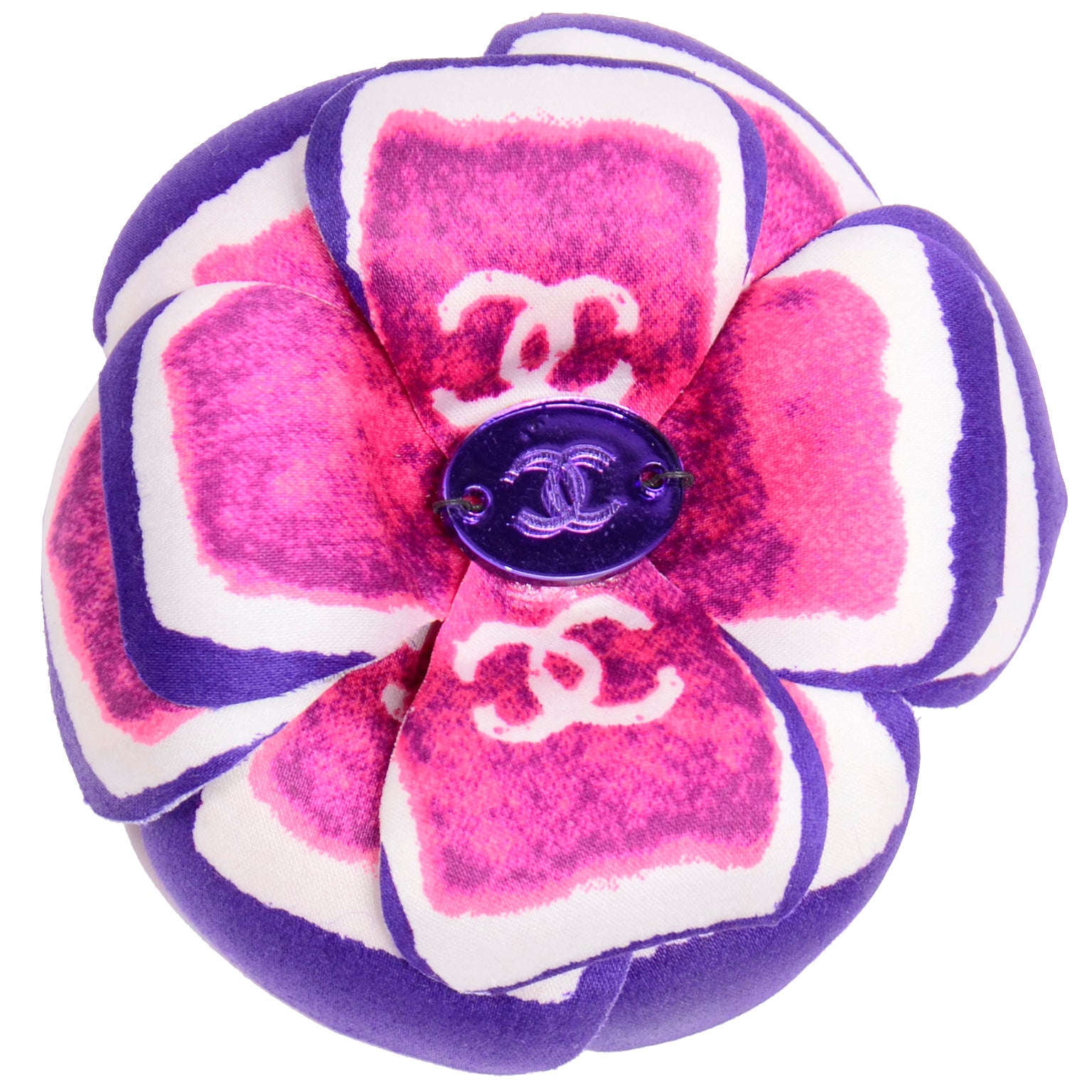 New With Tags Chanel Pink and Purple Camellia Brooch In Original Box