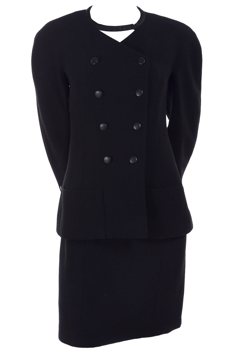 1980s Chanel Navy Wool Vintage Skirt Suit w/ Long Jacket Size 10 – Modig