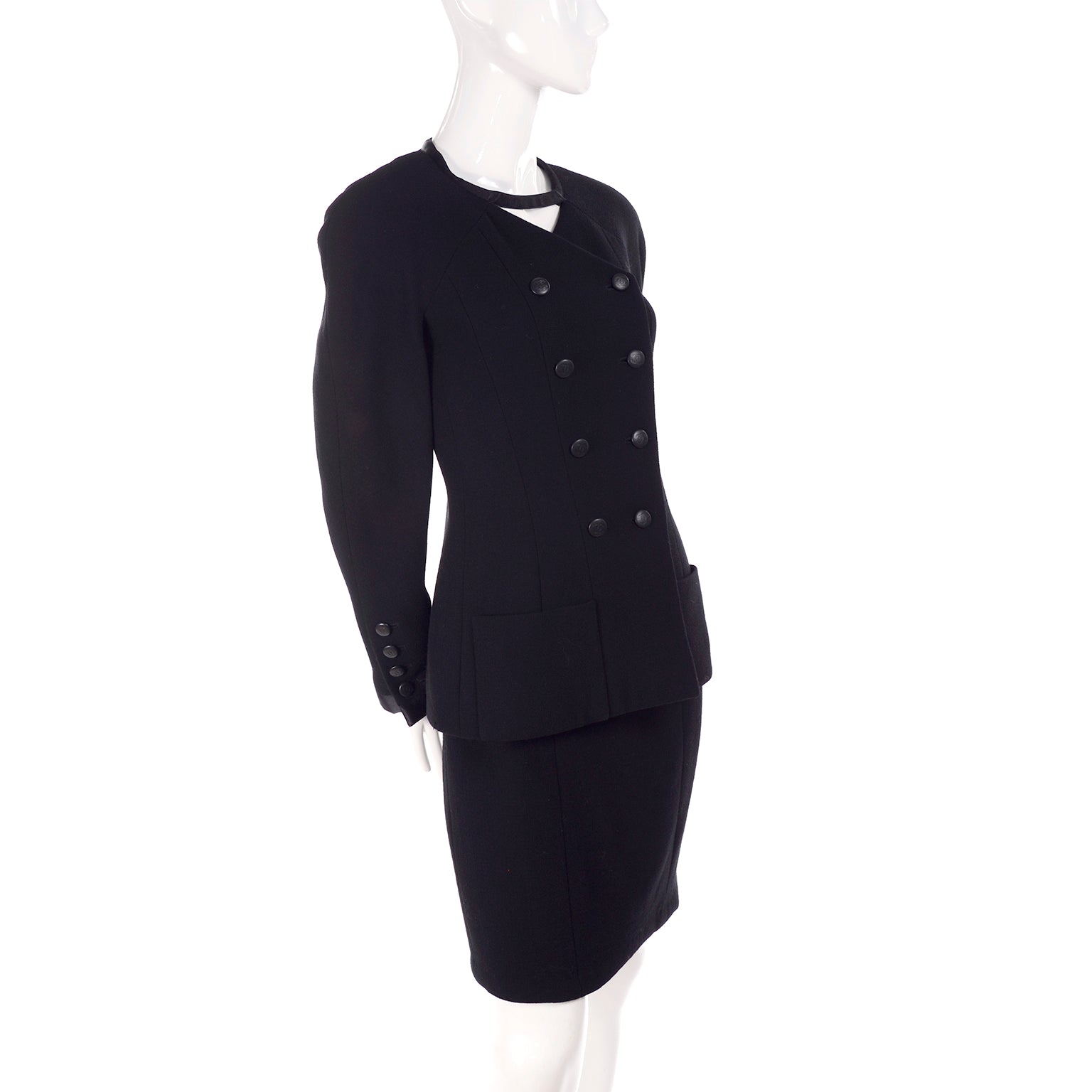 Vintage Chanel 98A Skirt Suit Black Chiffon-trimmed Wool Size 38
