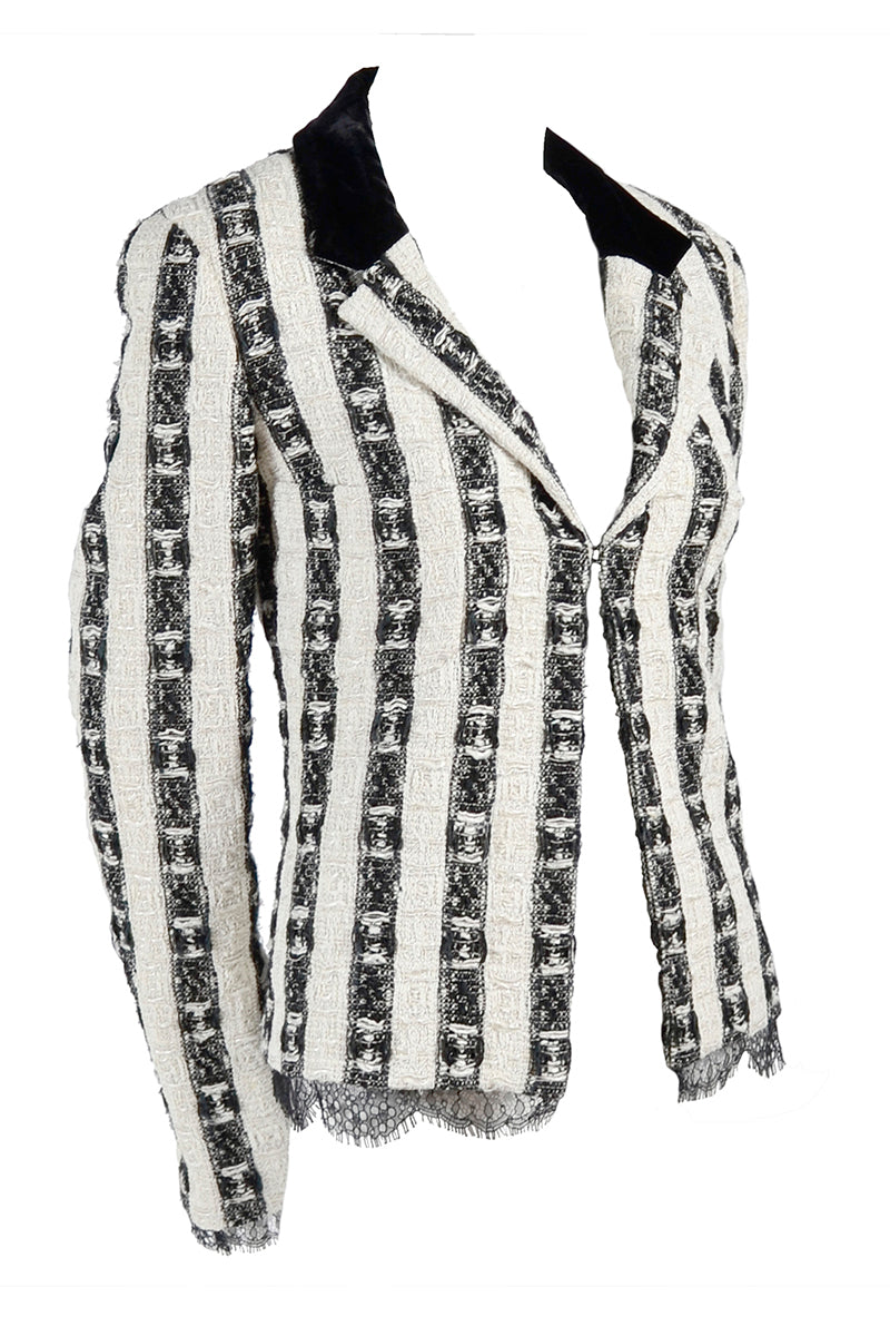 Lesage Tweed Chanel Jacket Black & White w/ Lace Lining & Eyelash Trim