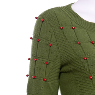 Chanel Green Cashmere Blend Sweater with Brick Red Beads raised dots and stripe texture