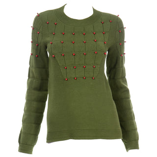 Chanel Green Cashmere Blend Sweater with Brick Red Beads Unique raised texture