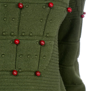 Chanel Green Cashmere Blend beaded Sweater with round Brick Red Beads