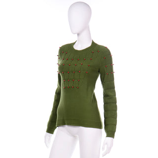 Chanel Green Cashmere Blend Pullover round neck Sweater with Brick Red Beads