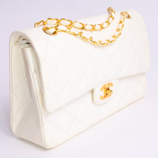 1980s New Chanel Caviar Meium Quilted Double Flap Handbag w/ Gold Chain Strap