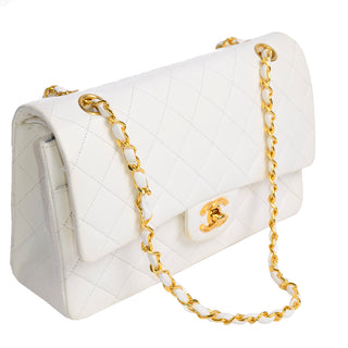 1980s New Chanel Caviar Meium Quilted Double Flap Handbag w/ Gold Chain Strap
