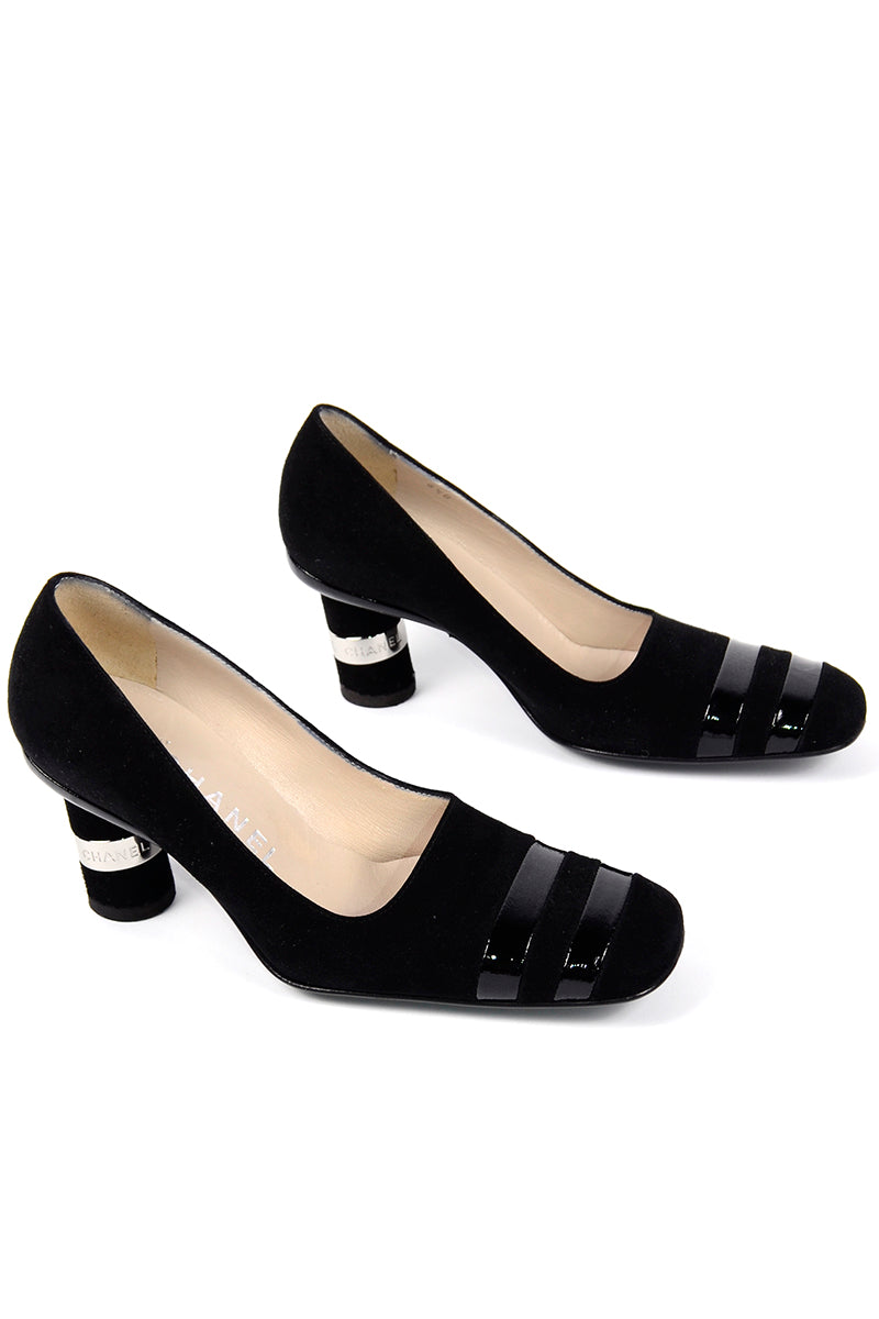 Chanel CC Runway Mary Jane Block Heels Black Leather Patent Toe Shoes  G26285 | eBay