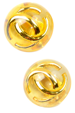 1980s Chanel Vintage Lucite Gold CC Logo Dome Clip Back Earrings