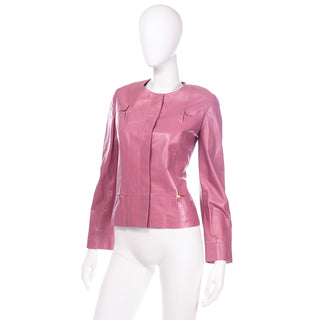 Chanel Vintage Collarless Pink Lambskin Leather Jacket Cruise 2001