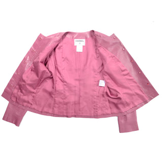 Chanel Vintage Collarless Pink Lambskin Leather Jacket Logo lining