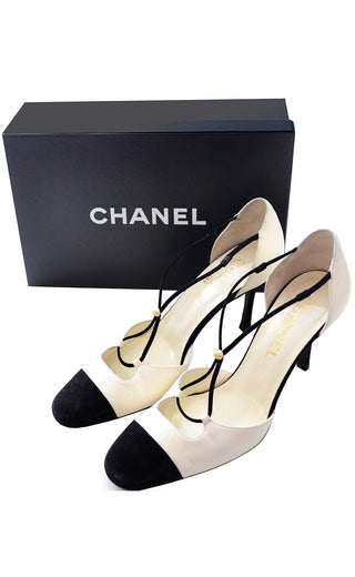 Chanel x Strap Vintage Heels Ivory & Black Shoes 2000