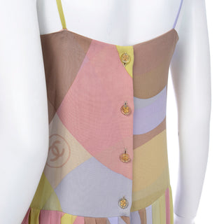Chanel Vintage Logo Print Pastel Spring Summer Silk Dress lucite buttons