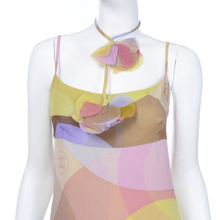 Chanel Vintage Logo Print Pastel Spring Summer Silk Dress with flower neck tie