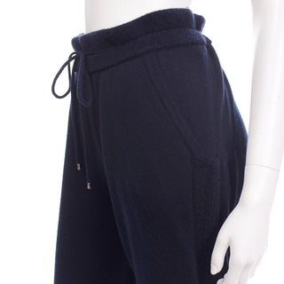 Chanel Cashmere Drawstring Jogger Pants in Midnight Blue pockets