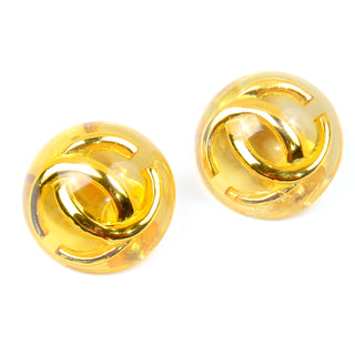 1980s Chanel Vintage Lucite Gold CC Logo Dome Clip Back Earrings France