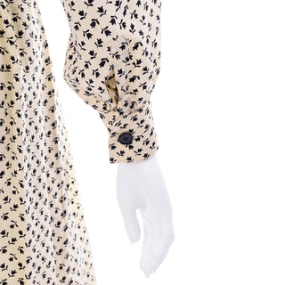 1970s Chanel Vintage Cream Black Tulip Print Silk Day Dress