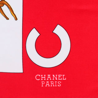 1990s Chanel Red & White Silk Scarf W/ Woman in Hat Earrings & Pearls