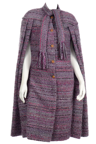 Chanel Haute Couture Vintage Purple Wool Boucle Cape w Lion Buttons