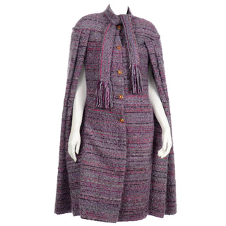 Chanel Haute Couture Vintage Purple Wool Boucle Cape w Lion Buttons 1980s with scarf