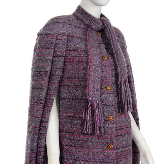 1980s rare Chanel Haute Couture Vintage Purple Wool Boucle Cape w Lion Buttons