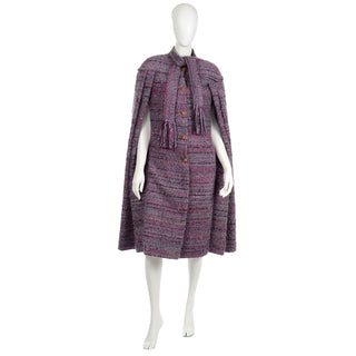 Chanel Haute Couture Vintage Purple Wool Boucle Cape w Lion Buttons 1980s