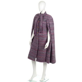 1980s Chanel Haute Couture Vintage Purple Wool Boucle Cape w Lion Buttons