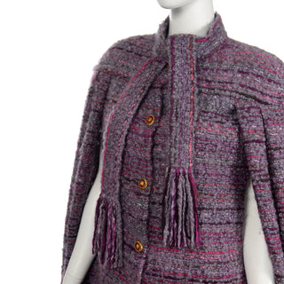 80s rare Chanel Haute Couture Vintage Purple Wool Boucle Cape w Lion Buttons