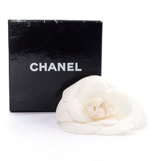 Chanel white silk flower chamellia pin in box
