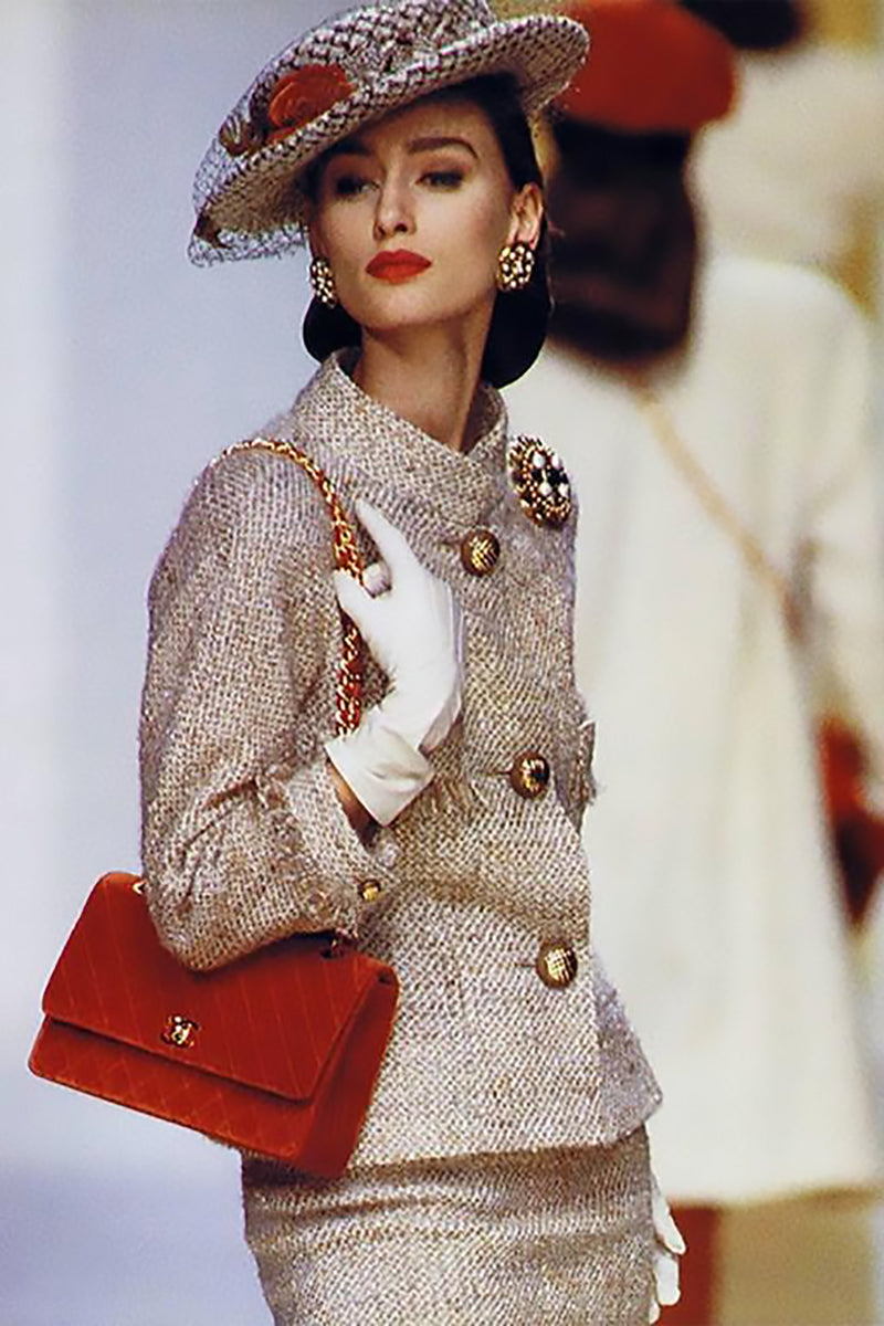 F/W 1988 Chanel Boutique Vintage Skirt Suit Boucle Wool Fringe Size 36