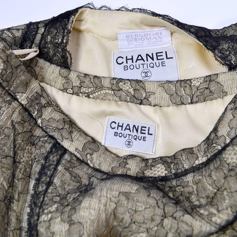 1980s Chanel Skirt Suit in Cream Tweed Black Chantilly Lace Camellia  Overlay 40