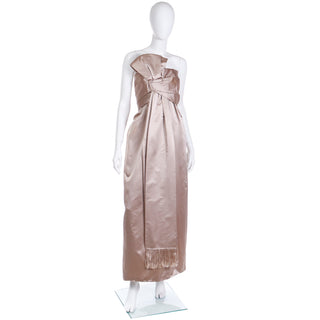 1950s Christian Dior Strapless Silk Satin Evening Gown W Fringed Sash Bow Taupe