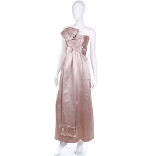 1950s Christian Dior Strapless Silk Satin Evening Gown W Fringed Sash Bow Rare