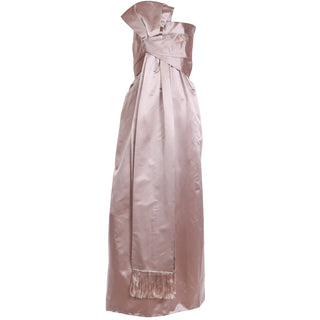 1950s Christian Dior Strapless Silk Satin Vintage Evening Gown W Fringed Sash Bow 