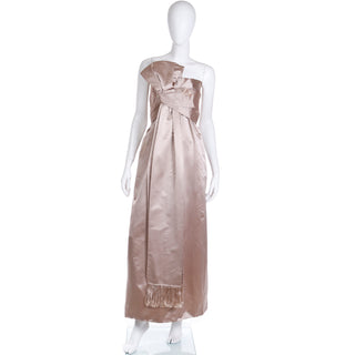 1950s Christian Dior Strapless Silk Satin Evening Gown W Fringed Sash Bow Rose Taupe