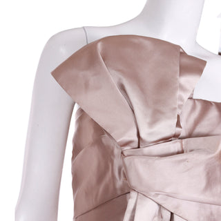 1950s Christian Dior Strapless Silk Satin Evening Gown W Fringed Sash Bow taupe with hint of rose
