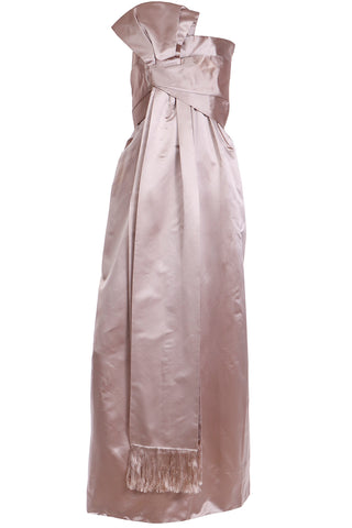 1950s Christian Dior Strapless Silk Satin Evening Gown W Fringed Sash Bow