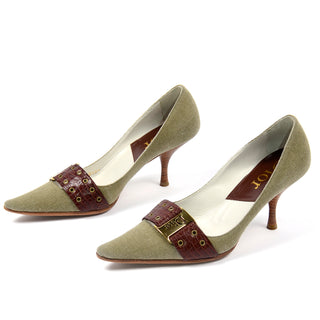 Vintage Christian Dior Shoes Green and Brown Pointed Toe Pumps with leather trim and logo buckle
