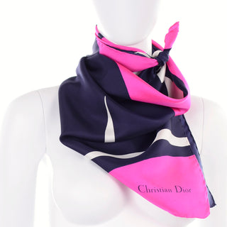 Christian Dior Vintage Silk Hot Pink & Navy Blue Floral Scarf 30"