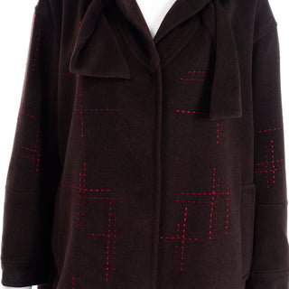 1980s Vintage Christian Lacroix Coat brown wool With Bow and red Topstitching 80s 